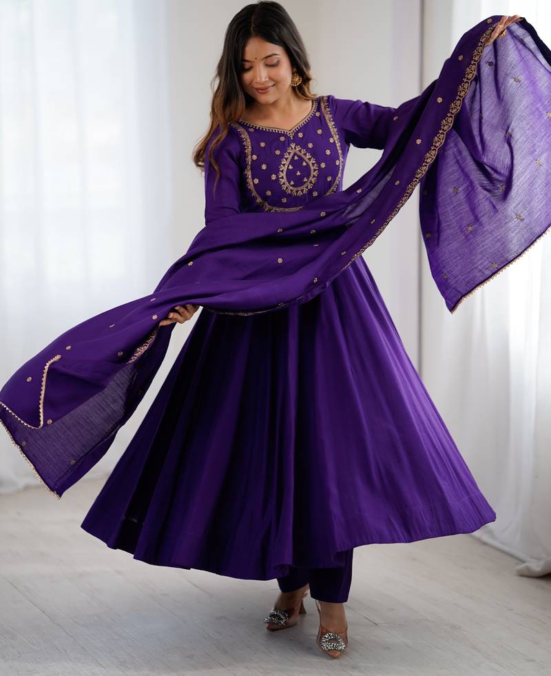 Chanderi silk hand work purple readymade gown