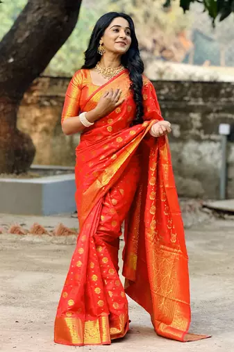 Red floral, zari woven banarasi silk saree with blouse