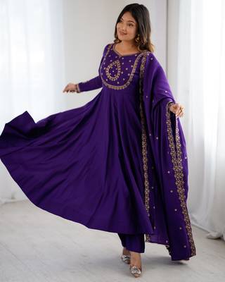 Chanderi silk hand work purple readymade gown 2