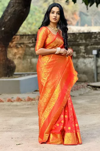 Red floral, zari woven banarasi silk saree with blouse