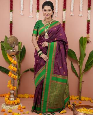 Burgundy floral, zari work soft silk saree with blouse 1