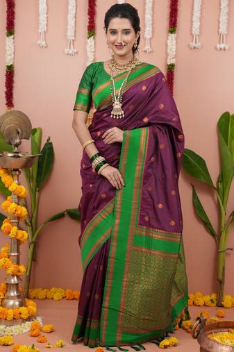 Burgundy floral, zari work soft silk saree with blouse