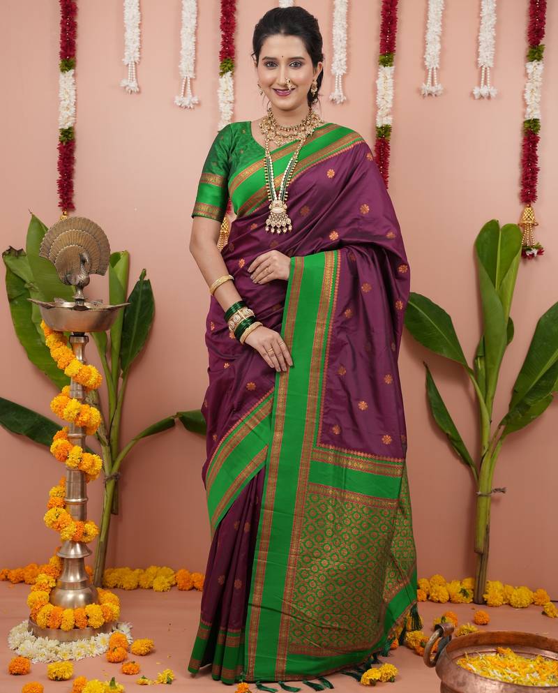 Burgundy floral, zari work soft silk saree with blouse