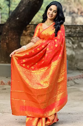 Red floral, zari woven banarasi silk saree with blouse