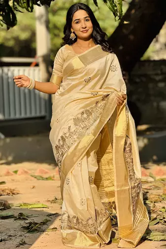 Beige embroidery tussar silk saree with blouse