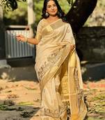 Beige embroidery tussar silk saree with blouse