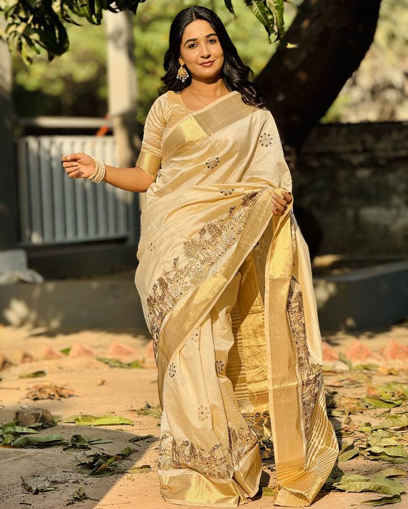 Beige embroidery tussar silk saree with blouse