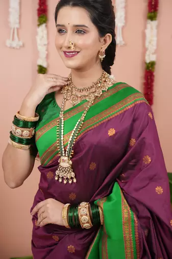 Burgundy floral, zari work soft silk saree with blouse