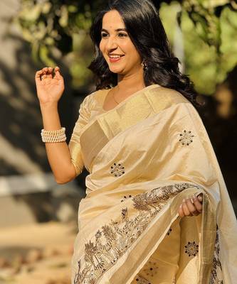 Beige embroidery tussar silk saree with blouse 2
