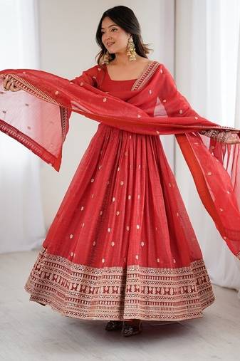 Heavy premium  pure crunchy silk fabric fully flair gown embroidary sequence and jari work rust readymed ethnic gown