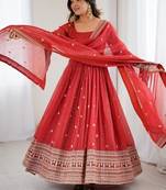 Heavy premium  pure crunchy silk fabric fully flair gown embroidary sequence and jari work rust readymed ethnic gown