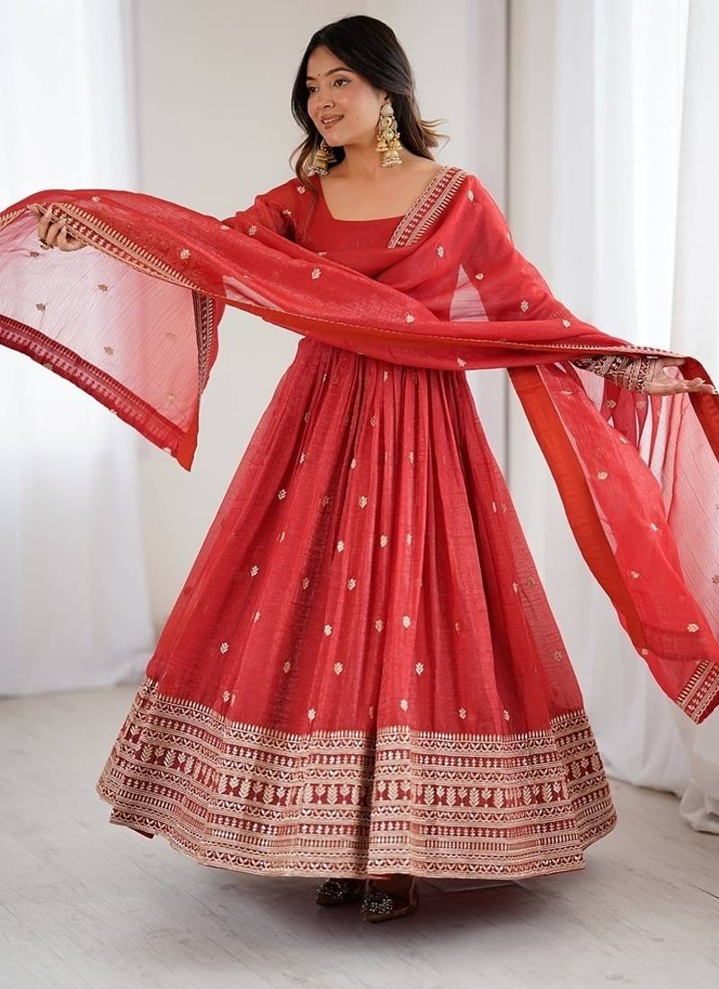 Heavy premium  pure crunchy silk fabric fully flair gown embroidary sequence and jari work rust readymed ethnic gown