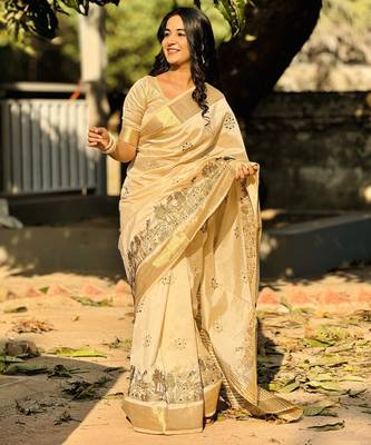 Beige embroidery tussar silk saree with blouse 3