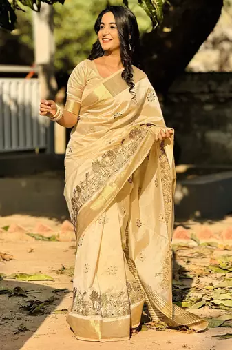 Beige embroidery tussar silk saree with blouse
