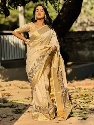 Beige embroidery tussar silk saree with blouse 4