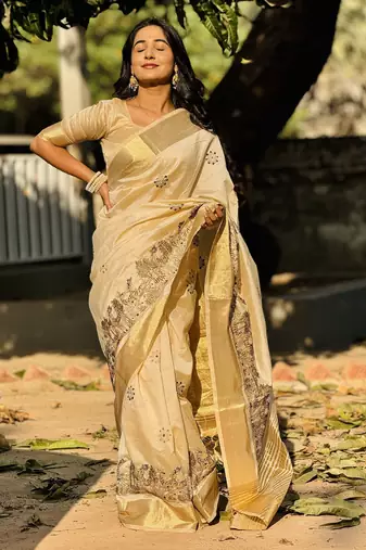 Beige embroidery tussar silk saree with blouse
