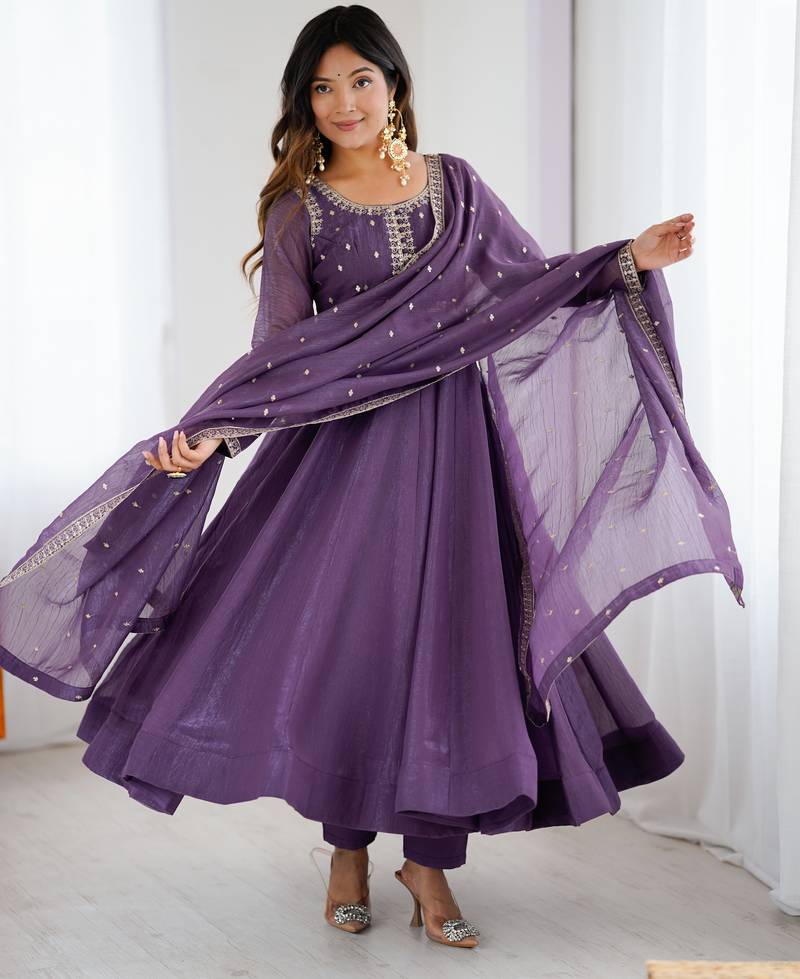 Heavy silk embroidery and jari work lavender readymade gown
