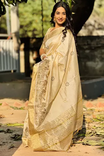 Beige embroidery tussar silk saree with blouse