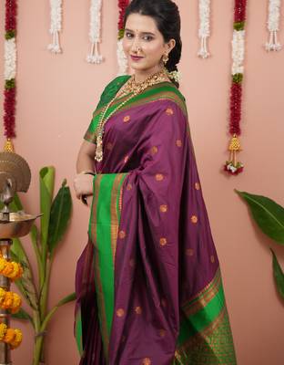 Burgundy floral, zari work soft silk saree with blouse 3