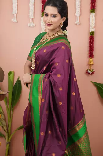 Burgundy floral, zari work soft silk saree with blouse