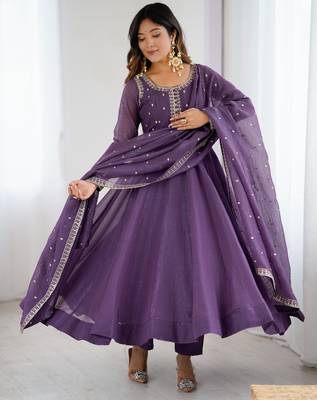 Heavy silk embroidery and jari work lavender readymade gown 2