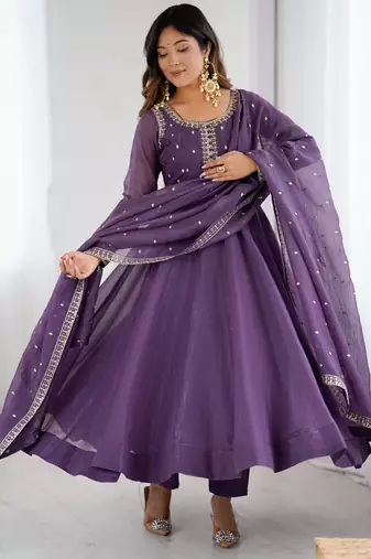 Heavy silk embroidery and jari work lavender readymade gown