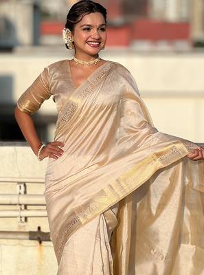 Cream striped solid zari woven tussar silk blend saree with blouse 2