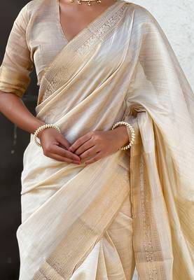 Cream striped solid zari woven tussar silk blend saree with blouse 3