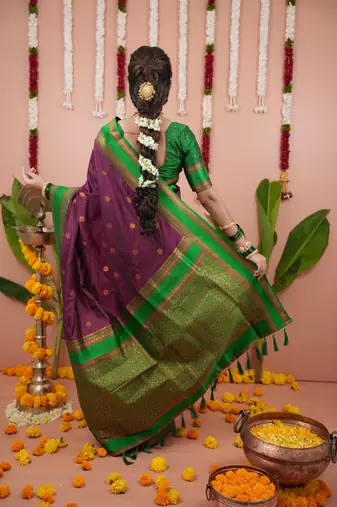 Burgundy floral, zari work soft silk saree with blouse