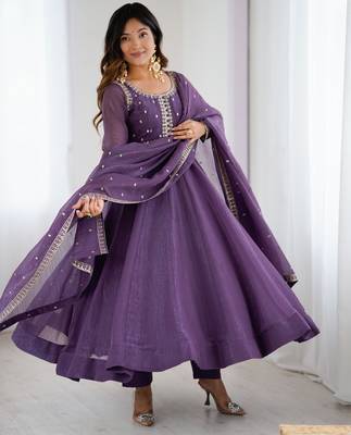 Heavy silk embroidery and jari work lavender readymade gown 3