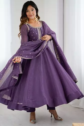 Heavy silk embroidery and jari work lavender readymade gown