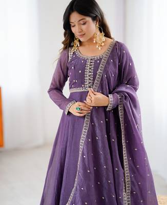 Heavy silk embroidery and jari work lavender readymade gown 4