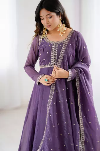 Heavy silk embroidery and jari work lavender readymade gown