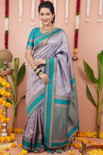 Grey floral, zari work soft silk saree with blouse