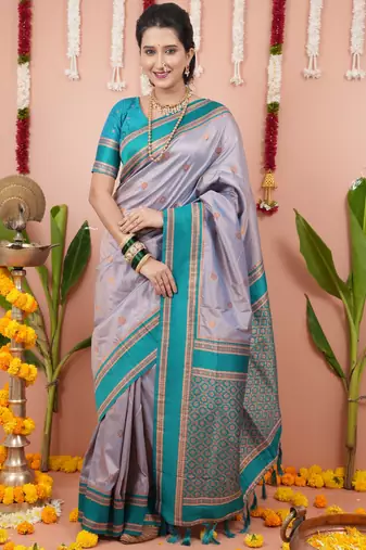 Grey floral, zari work soft silk saree with blouse