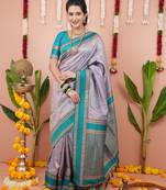 Grey floral, zari work soft silk saree with blouse