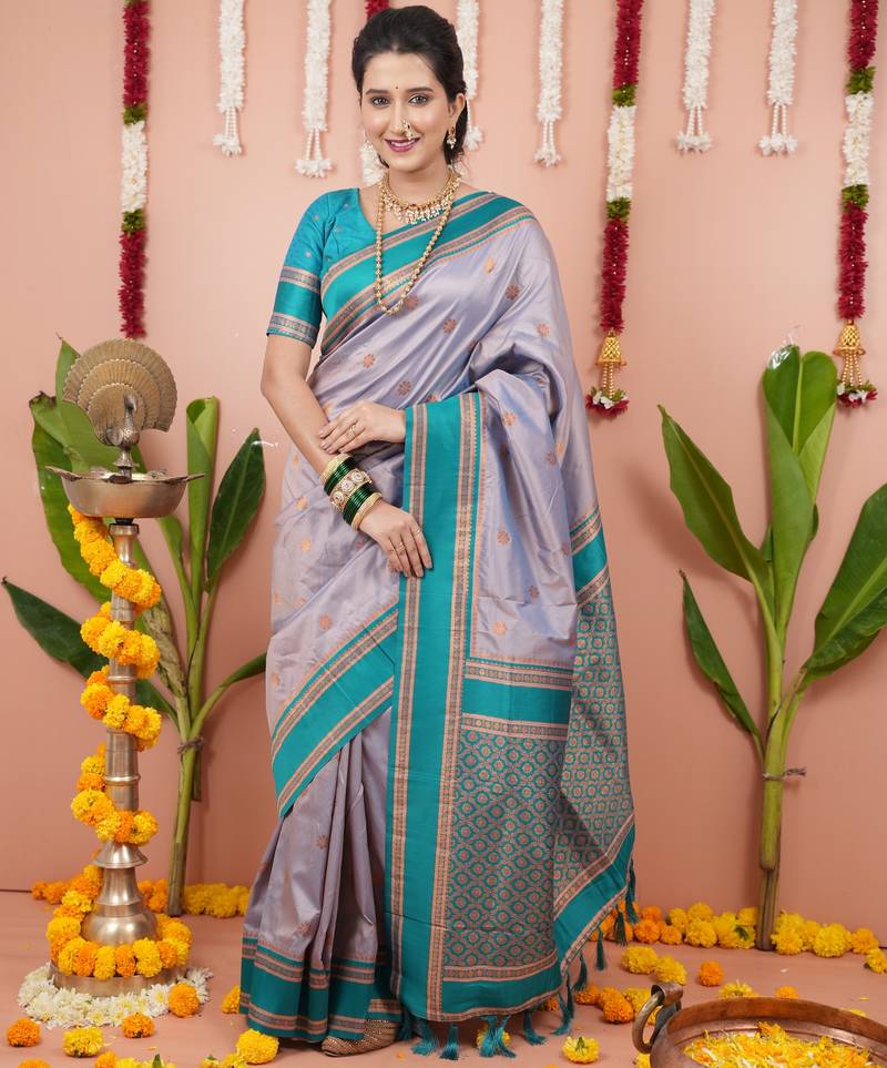 Grey floral, zari work soft silk saree with blouse