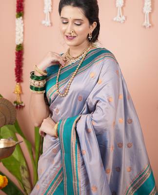 Grey floral, zari work soft silk saree with blouse 2