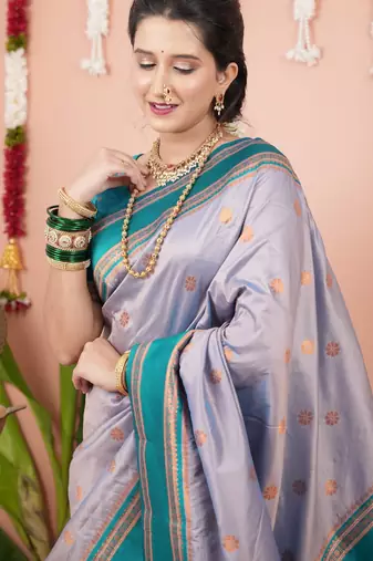 Grey floral, zari work soft silk saree with blouse