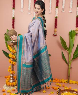 Grey floral, zari work soft silk saree with blouse 3