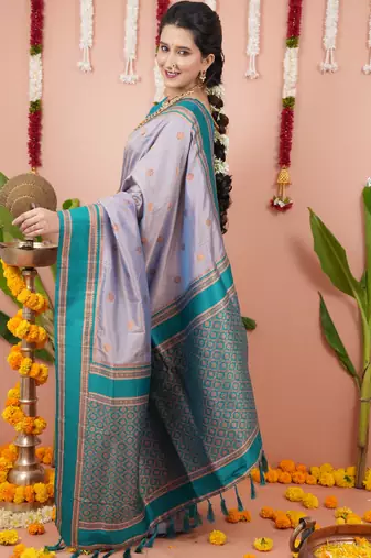 Grey floral, zari work soft silk saree with blouse