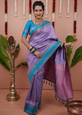 Lavender floral, zari work soft silk saree with blouse 1