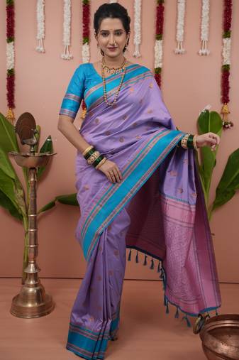 Lavender floral, zari work soft silk saree with blouse
