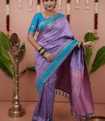 Lavender floral, zari work soft silk saree with blouse