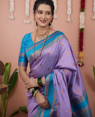 Lavender floral, zari work soft silk saree with blouse 2
