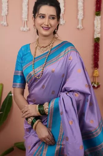 Lavender floral, zari work soft silk saree with blouse