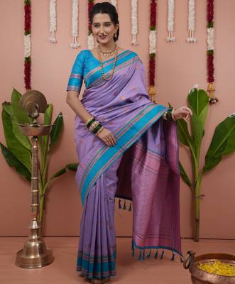 Lavender floral, zari work soft silk saree with blouse 3