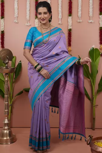 Lavender floral, zari work soft silk saree with blouse