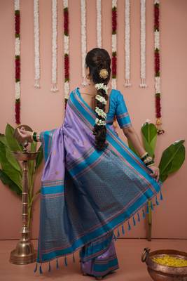 Lavender floral, zari work soft silk saree with blouse 4