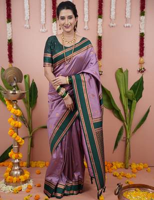 Light purple floral, zari work soft silk saree with blouse 2
